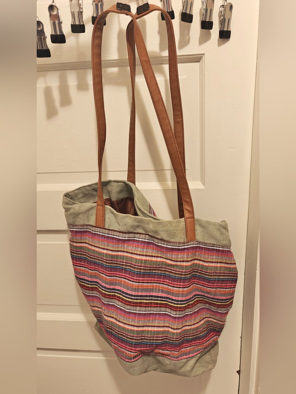 Multi Woven Tote Bag striped jacquard fabric body and brown shoulder straps